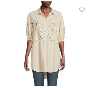 7 For All Mankind M Eyelet Puff Sleeve Tunic Embroidered Blouse